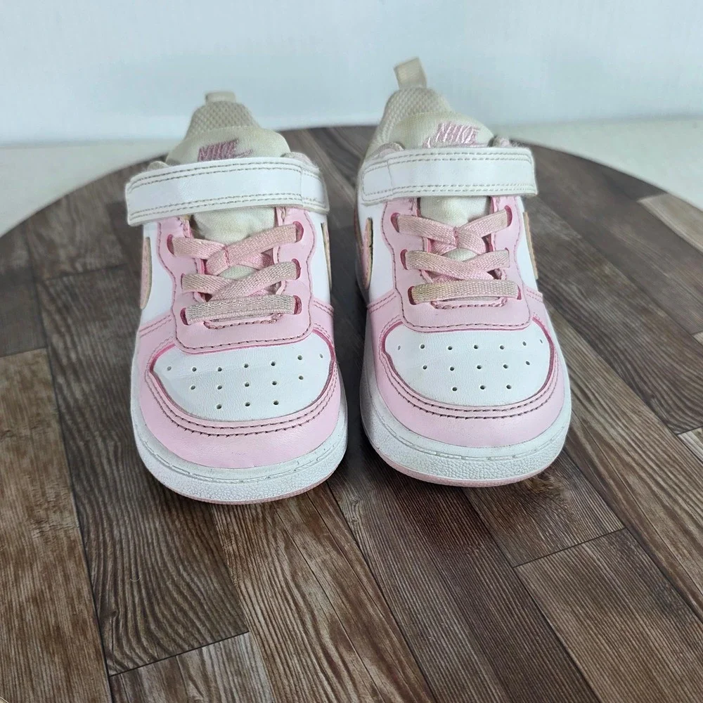 Nike Court Borough Low 2 Toddler Kids 7C Pink White Hook Loop Strap Sneakers